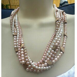 Vintage Japan Multi-Strand Faux Pearl & Tiger Eye Bead Necklace